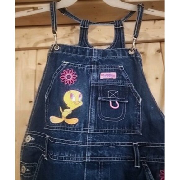 Y2K Vintage TWEETY BIRD Embroidered Bluejean Overalls Girls Size 14 Looney Tunes - Picture 1 of 16